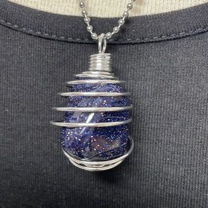 Tumbled Blue Goldstone Cage Charm Necklace (3)